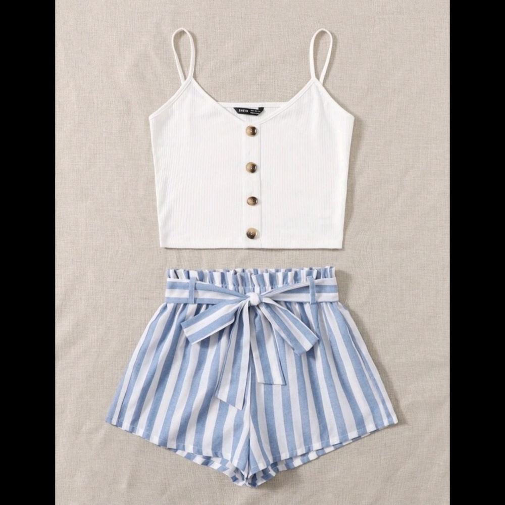 Button Front Rib-knit Cami Top & Paperbag Waist Belted Shorts Set